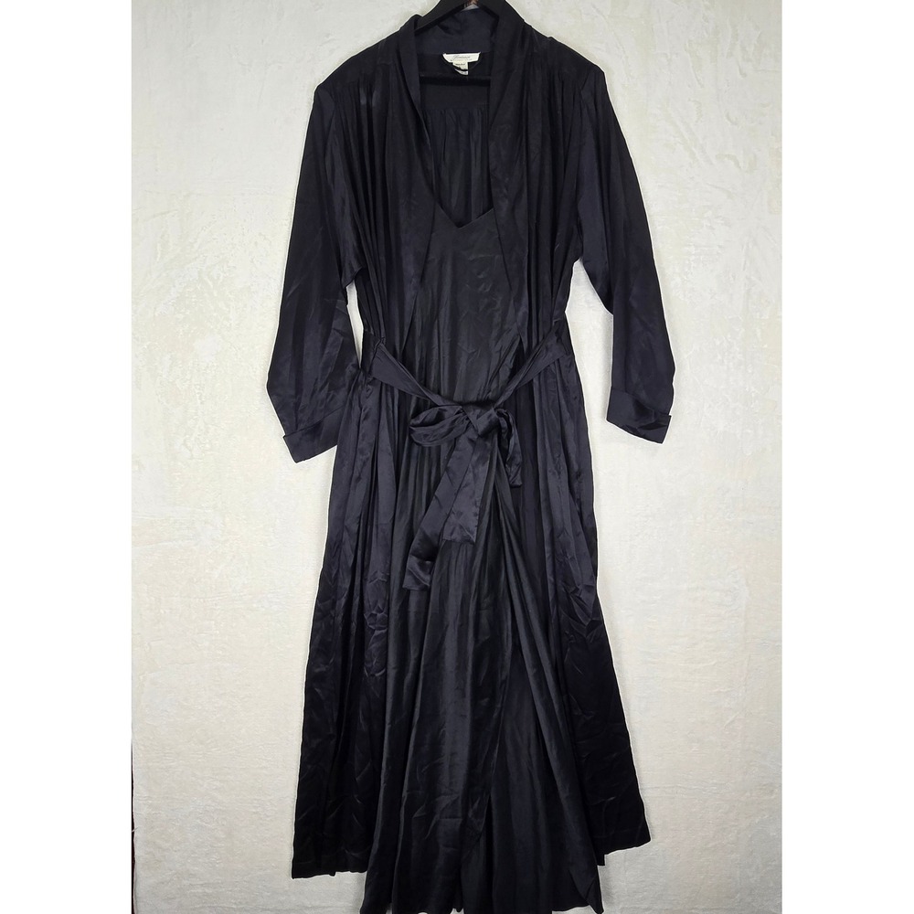 Fantasies by Morgan Taylor Vintage Black 100% Silk Robe and Slip Dress Set Large